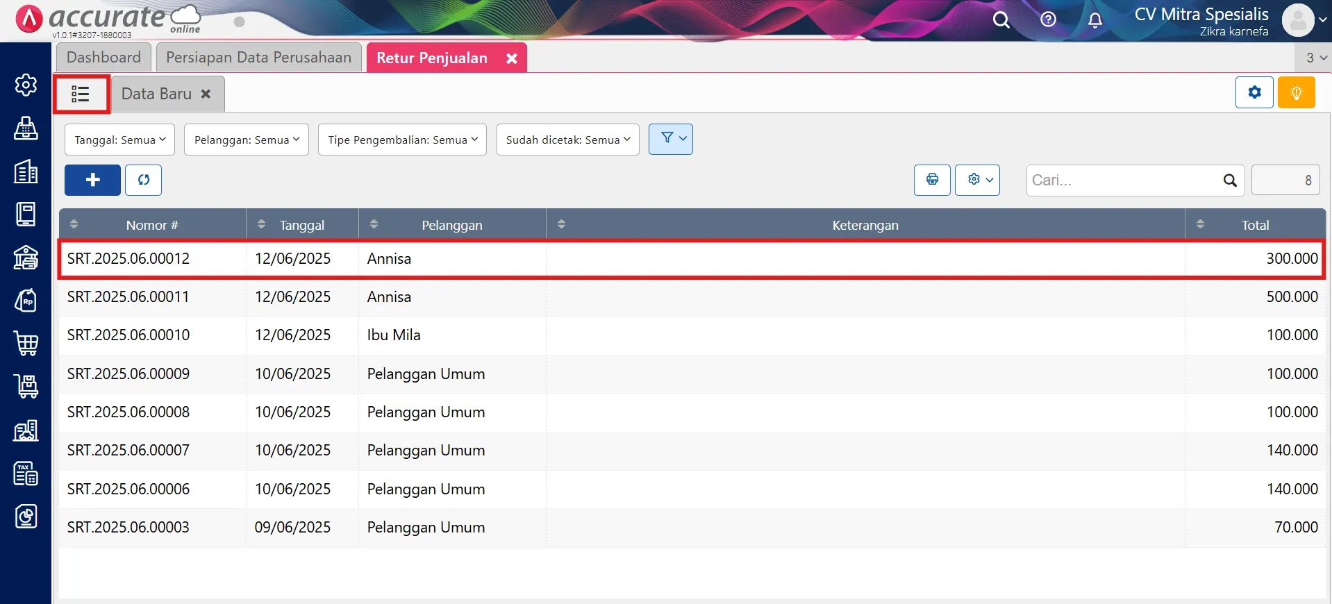 Cara retur penjualan untuk uang muka